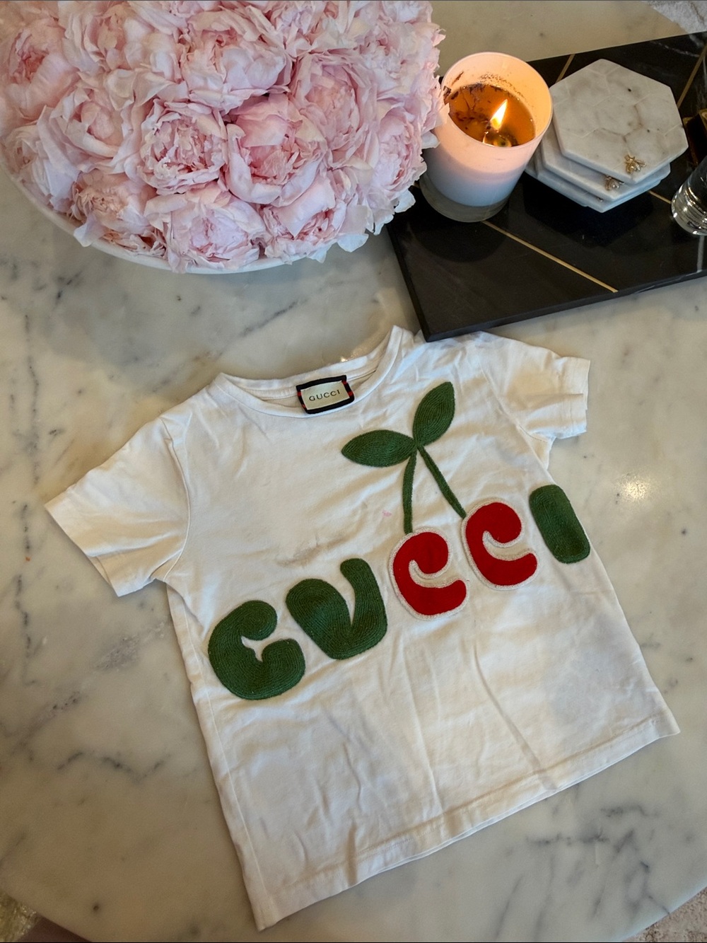 Gucci White Short Sleeve Tee with Green & Red Cherry Motif